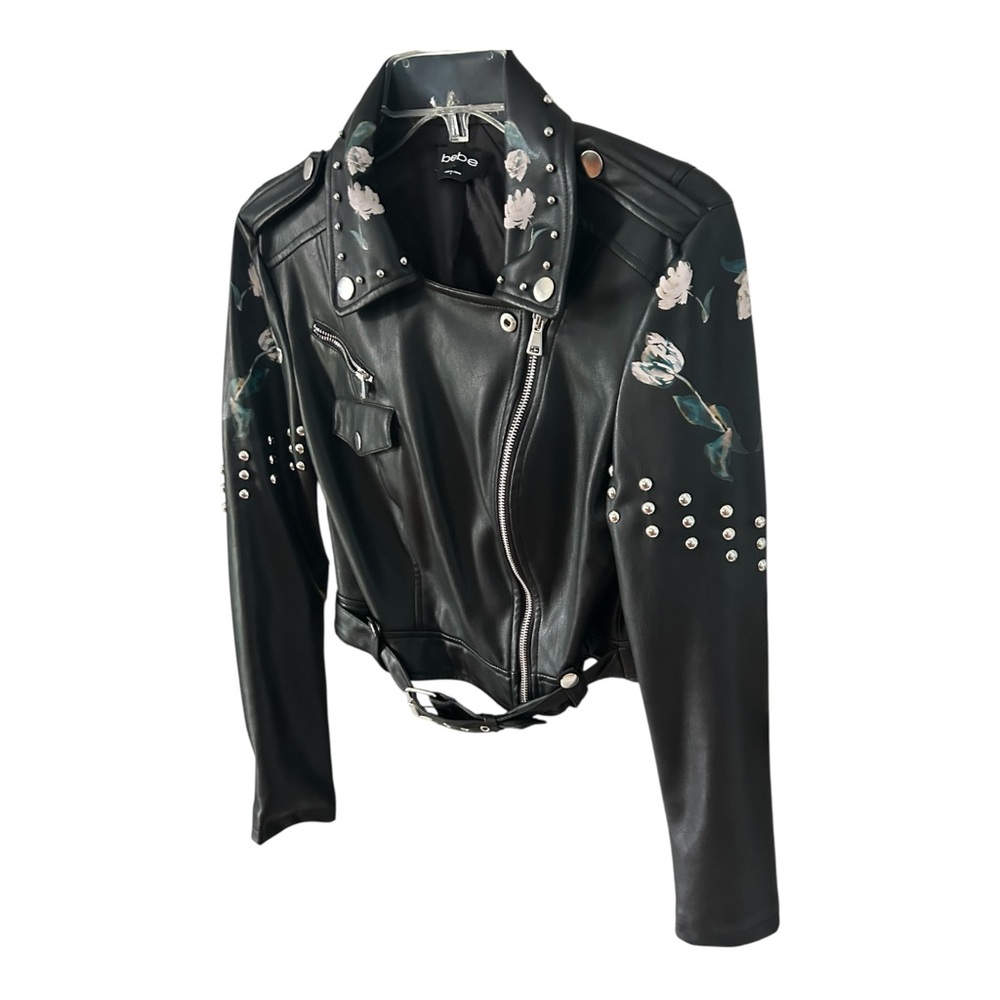 Bebe Black Faux Leather Moto Jacket Sz S Black w/Floral Detail Studded Zippers - Picture 2 of 10